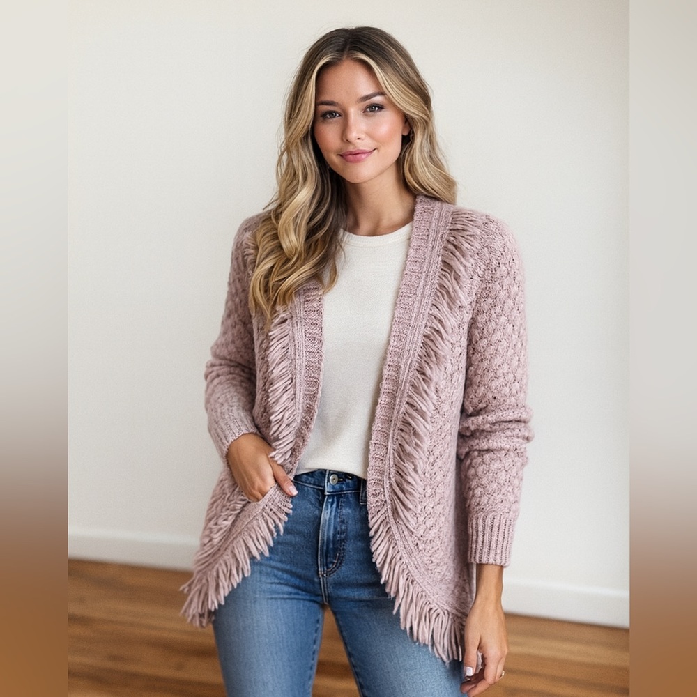 En Elly Wool blend, Rose colored fringed,warm,sweater cardigan wool knit